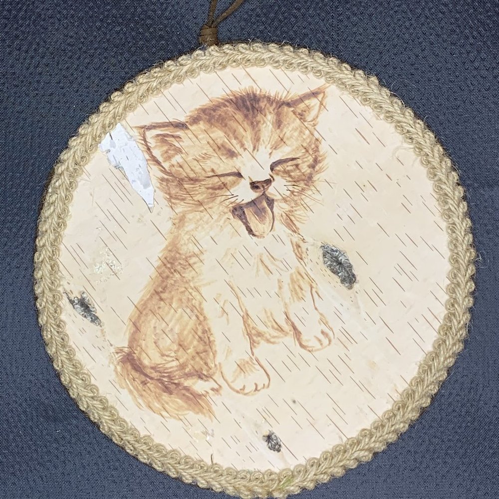 Handmade Birch Bark Pyrography Kitten Portrait Wall Art Wood Burning Rustic